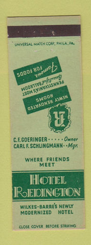 Matchbook Cover - Hotel Redington Wilkes Barre PA