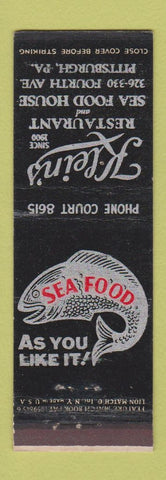 Matchbook Cover - Klein's Restaurant Seafood Pittsburgh PA feature