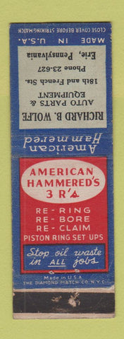 Matchbook Cover - American Hammered Piston Rings Richard Wolfe Erie PA WORN