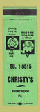Matchbook Cover - Christy's Brentwood PA GREEN