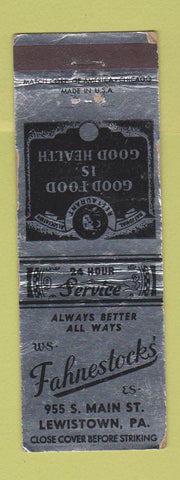 Matchbook Cover - Fahnestock's Restaurant Lewistown PA WORN