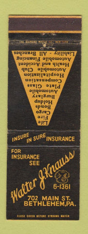Matchbook Cover - Walter Knauss Insurance Bethlehem PA