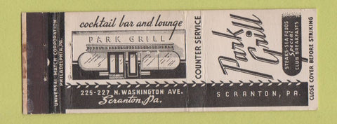 Matchbook Cover - Park Grill Scranton PA