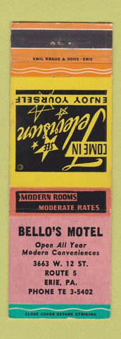 Matchbook Cover - Bello's Motel Erie PA  WEAR