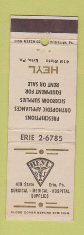 Matchbook Cover - Heyl Drug Medical Supply Erie PA