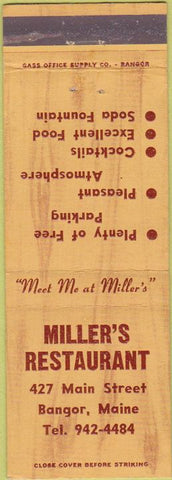 Matchbook Cover - Miller's Restaurant Bangor ME