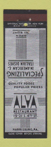 Matchbook Cover - Alva Restaurant Harrisburg PA deco