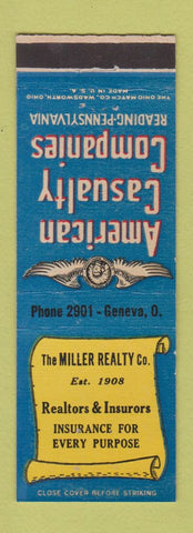 Matchbook Cover - American Casualty Insurance Miller Real Estate Geneva OH