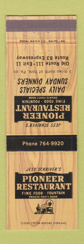 Matchbook Cover - Jess Schriver's Pioneer Restaurant York PA