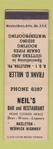 Matchbook Cover - Neil's Bar Restaurant Halzeton PA Frank Miller Roofing