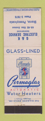 Matchbook Cover - Permaglas Water Heaters G&K Electric Sharon PA