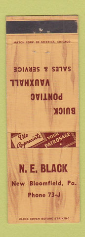 Matchbook Cover - NE Black Buick Pontiac Vauxhall New Bloomfield PA