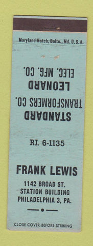 Matchbook Cover - Standard Transformers Philadelphia PA Frank Lewis