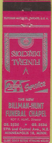 Matchbook Cover - Billman Hunt Funeral Chapel Minneapolis MN