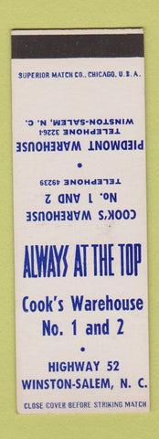 Matchbook Cover - Piedmont Warehouse Cook's Winston Salem NC SAMPLE