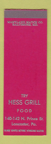 Matchbook Cover - Hess Grill Lancaster PA SAMPLE