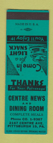 Matchbook Cover - Centre News Restaurant Pittsburgh PA SAMPLE