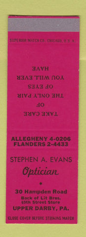 Matchbook Cover - Stephen Evans Optician Upper Darby PA SAMPLE