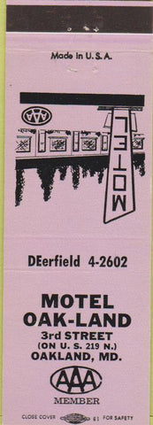 Matchbook Cover - Motel Oakland MD light purple