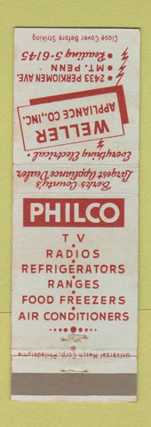 Matchbook Cover - Weller Appliance Philco TV Radio Mount Penn PA