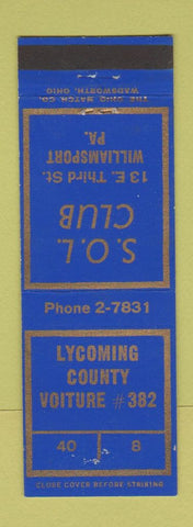 Matchbook Cover - Lycoming County Voture SOL Club Williamsport PA