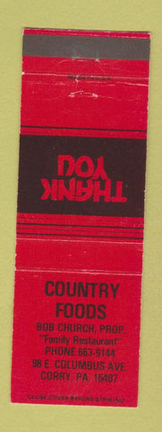 Matchbook Cover - Country Foods Restaurant Corry PA