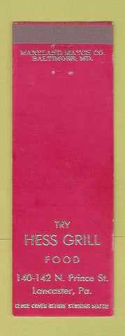 Matchbook Cover - Hess Grill Lancaster PA