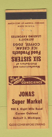 Matchbook Cover - Jonas Super Market Grocery Detroit MI