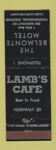 Matchbook Cover - Lamb's Cafe Belmonte Motel Warrensburg MO low phone #1