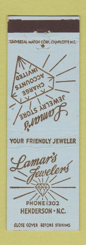 Matchbook Cover - Lamar's Jewelers Henderson NC Low phone #