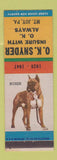 Matchbook Cover - OK Snyder Insurance Mount Joy PA Boxer Dog