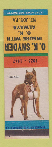 Matchbook Cover - OK Snyder Insurance Mount Joy PA Boxer Dog