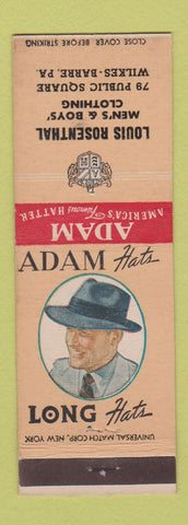 Matchbook Cover - Adam Hats Louis Rosenthal Men's Clothes Wilkes Barre PA