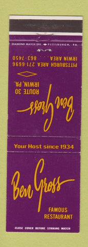 Matchbook Cover - Ben Gross Restaurant Irwin PA