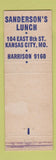 Matchbook Cover - Sanderson's Lunch Kansas City MO WEAR