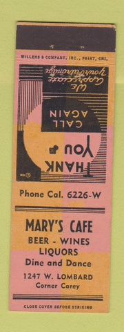 Matchbook Cover - Mary's Cafe Baltimore MD