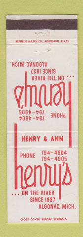 Matchbook Cover - Henry's Algonac MI restaurant