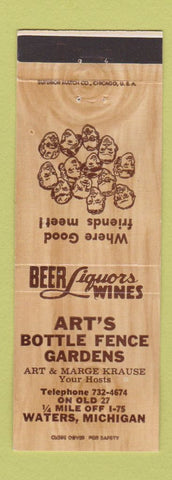 Matchbook Cover - Art's Bottle Fence Gardens Waters MI