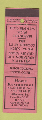 Matchbook Cover - Home Restaurant Allentown PA Lion Canada 1929