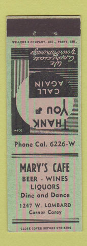 Matchbook Cover - Mary's Cafe Baltimore MD