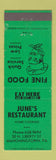 Matchbook Cover - June's Restaurant Mahoningtown PA