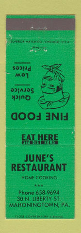 Matchbook Cover - June's Restaurant Mahoningtown PA