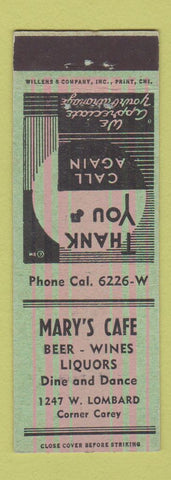 Matchbook Cover - Mary's Cafe Baltimore MD