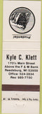 Matchbook Cover - Prudential insurance Klett Reedsburg WI