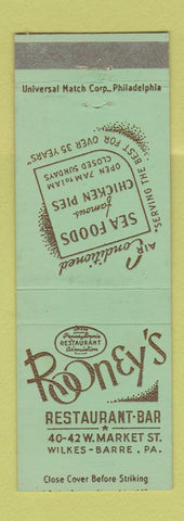 Matchbook Cover - Rooney's Restaurant Wilkes Barre PA