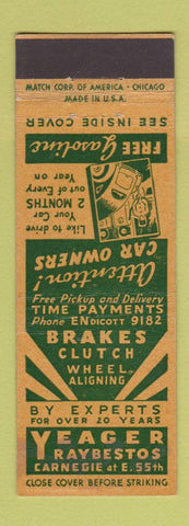 Matchbook Cover - Yeager Raybestos Brakes Clutch Wheel Alignment Cleveland OH