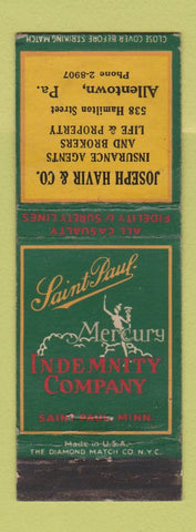 Matchbook Cover - Joseph Havir Insurance Allentown PA WEAR