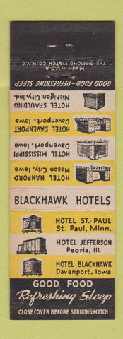 Matchbook Cover - Blackhawk Hotels St Paul MN Davenport IA Peoria IL