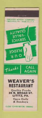 Matchbook Cover - Weaver's Restaurant Lititz PA