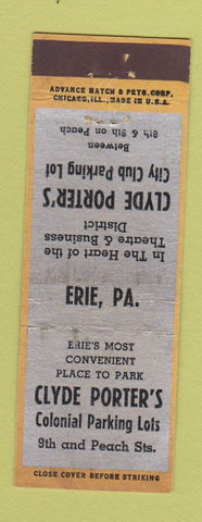 Matchbook Cover - Clyde Porter's Parking Lot Erie PA ADVANCE